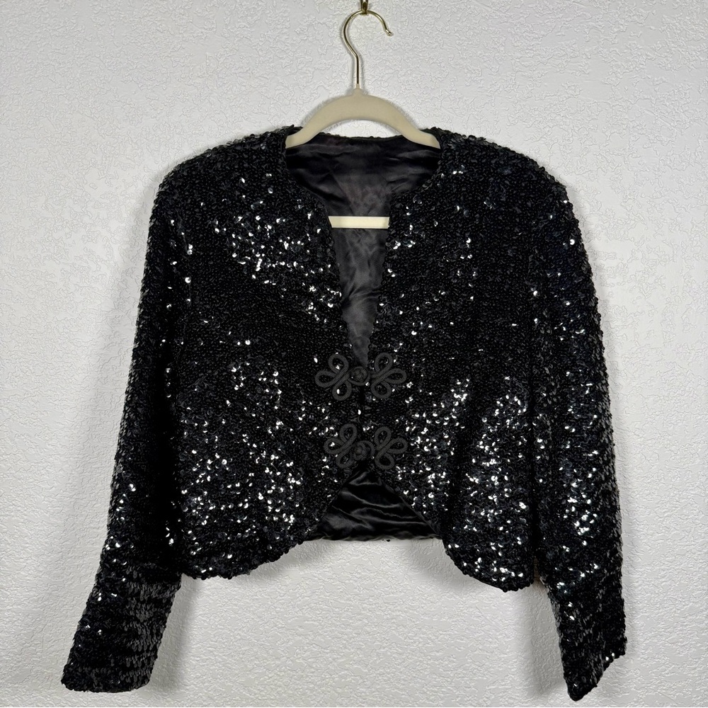 Vintage Union Made ILGWU Black Sequin Cropped Bolero Jacket w/ Frog Closure - Picture 8 of 16